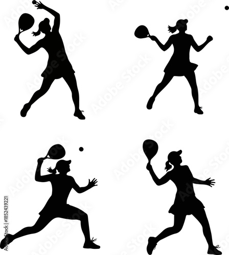 Four dynamic black silhouette vector illustrations capture a female tennis player striking the ball in various energetic action poses, isolated on a clean white background.