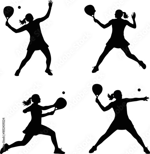 A crisp, black vector silhouette illustration set, isolated on a clean white background, capturing the dynamic, energetic movements of a female tennis player performing serves and strokes.