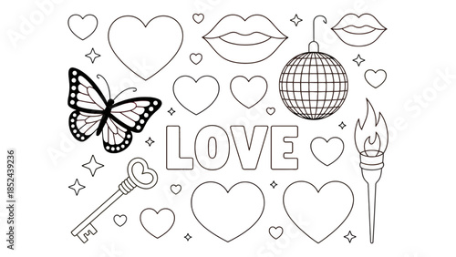 Whimsical Valentine's Day coloring page with hearts, lips, and a disco ball.