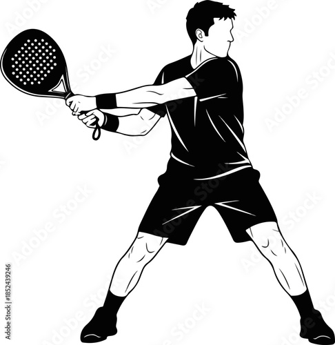 This dynamic monochromatic vector illustration captures an energetic male padel player preparing to hit a powerful backhand shot with his racket, shown in a wide athletic stance, isolated on white.