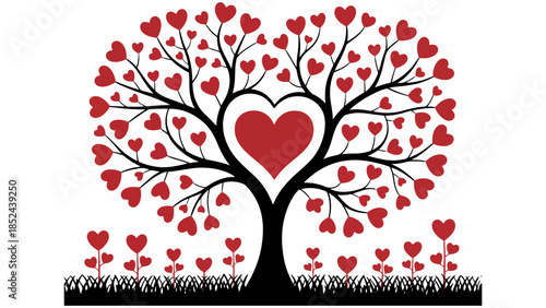 A vibrant tree adorned with red heart-shaped leaves, symbolizing love and growth, with smaller heart plants at its base.