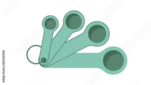 Set of four teal measuring spoons on a ring, isolated on a white background