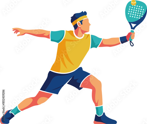 An energetic male padel player in a vibrant yellow and blue uniform is captured mid-action, hitting a powerful forehand shot in this dynamic flat vector illustration isolated on white.