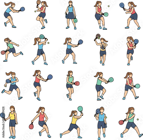 This comprehensive set of dynamic female athletes hitting, serving, and running during a padel game, depicted in a clean, energetic vector illustration isolated on a white background.