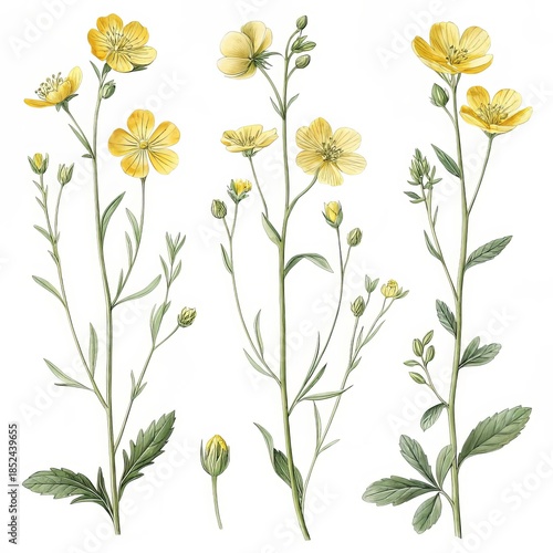 Botanical illustration of yellow buttercups isolated on white background