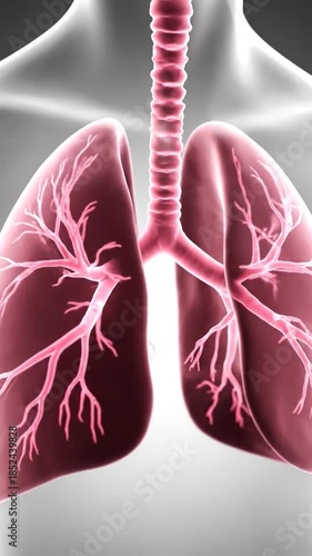 Medical illustration of human respiratory system, showing lungs and trachea