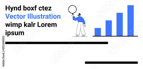 Person holding magnifying glass examining bar chart symbolizing growth and analysis, with placeholder text decoration. Ideal for analytics, business strategy, presentation, education, progress
