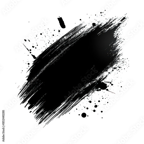 Dramatic Black Brush Stroke with Splatters on Transparent Background Design