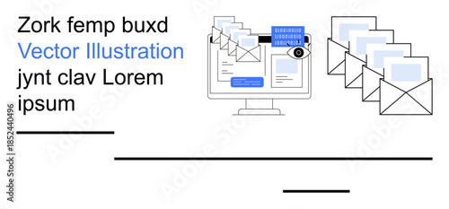 Email marketing, data organization, workflow automation, digital correspondence, online collaboration, and document management. Monitor showing emails and data. Email marketing and data organization