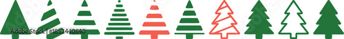 A whimsical selection of green and red Christmas trees displayed with various geometric forms