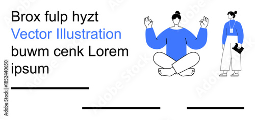 Wellness, mindfulness, work-life balance, corporate culture, productivity, stress relief. A meditating figure and a standing professional woman. Wellness and mindfulness in a workplace context