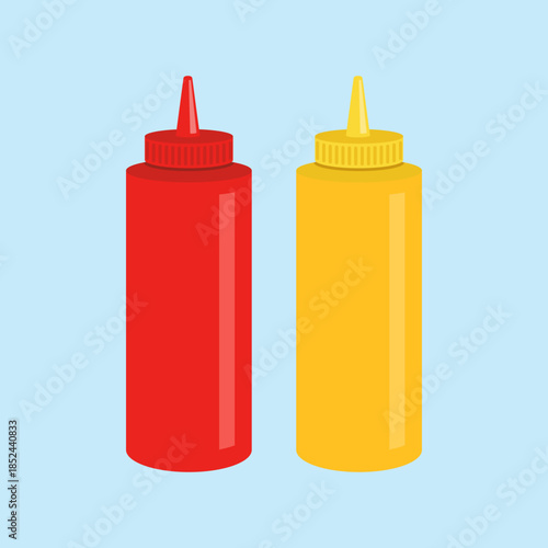 Ketchup and mustard squeeze bottle isolated on light blue background. Editable EPS 10 vector illustration.