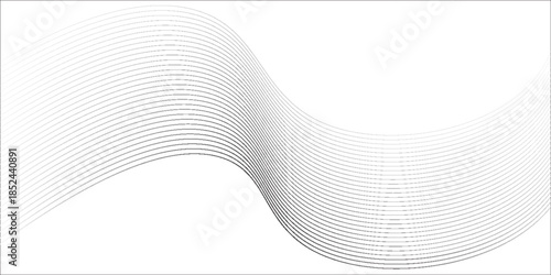Dotted particles flowing halftone gradient curve shape wave pattern on white background. Vector in technology, science, music, waves, modern concept.