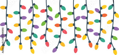 Brightly colored festive string lights hang vertically on a clean white background for celebration decoration