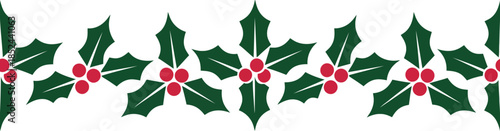 Festive green holly leaves and bright red berries form a charming Christmas decorative border pattern