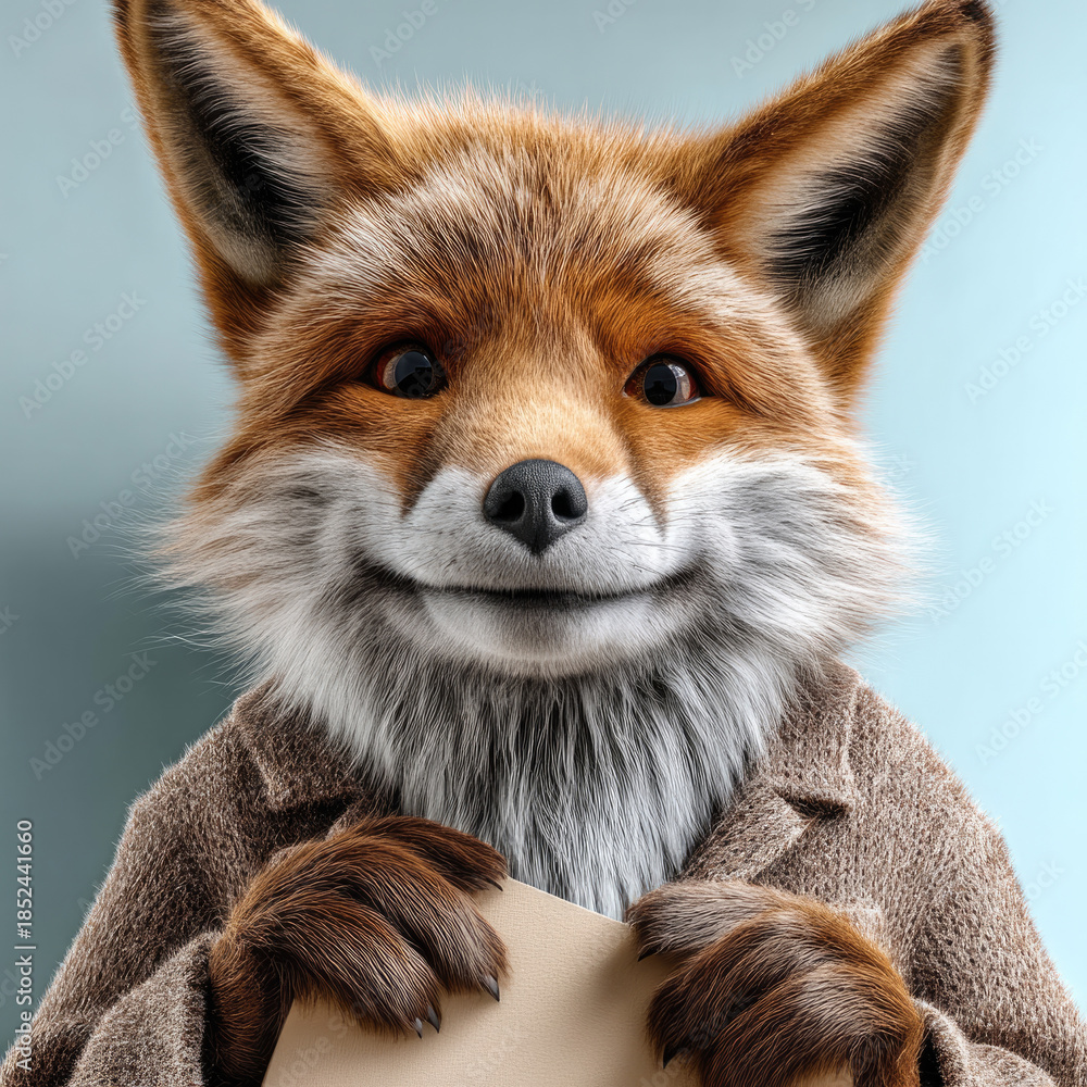 Fototapeta premium Smiling fox in brown blazer holding paper, standing against blue background, cheerful expression, anthropomorphic animal character