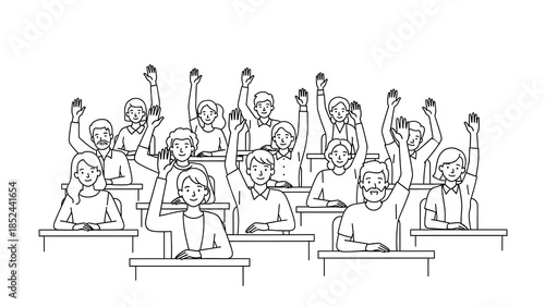 A diverse group of adults and students raising their hands in an interactive session