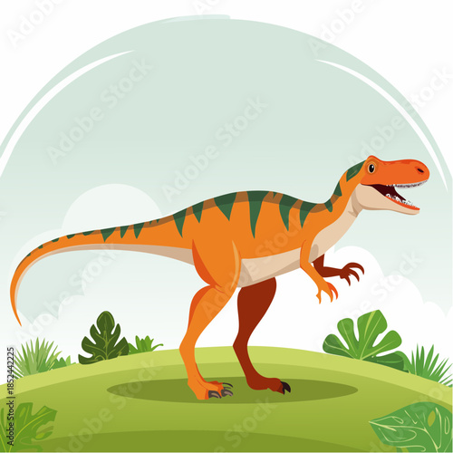 Cartoon dinosaur illustration standing on a grassy hill with green foliage