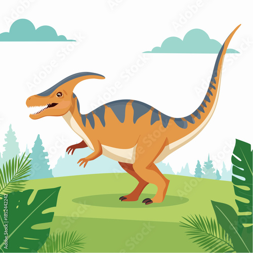 Cartoon parasaurolophus dinosaur on a green landscape with clouds