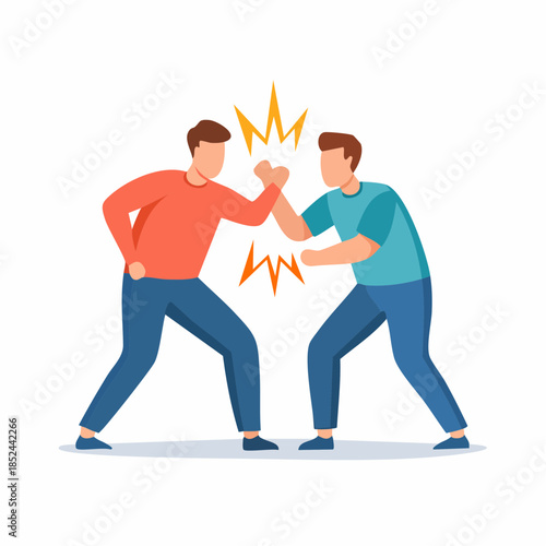 Two men facing each other in conflict showing anger and aggression on white background