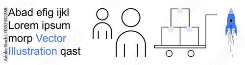 Business operations, teamwork, delivery logistics, startup innovation, futuristic design, organizational planning. Minimalist icons of people, packages and a rocket progress. Business operations