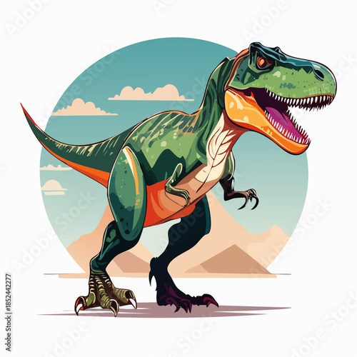 Vibrant illustration of a t rex dinosaur against a stylized landscape