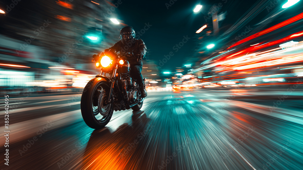 Obraz premium Motorcyclist riding fast through a city at night with motion blur and neon lights. Speed, freedom and urban nightlife concept with dynamic movement and energy