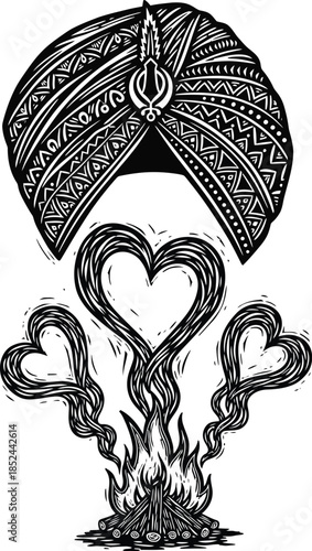 Linocut Traditional Punjabi Turban Bonfire Smoke Heart Shapes Bold Black Texture Vector Illustration Folk Design