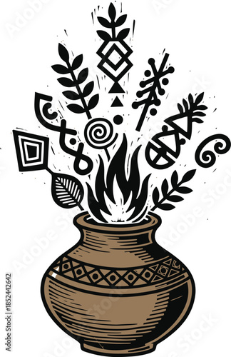 Linocut Earthen Pot Fire Sparks Punjabi Motifs Thick Black Strokes Folk Vector Illustration Design