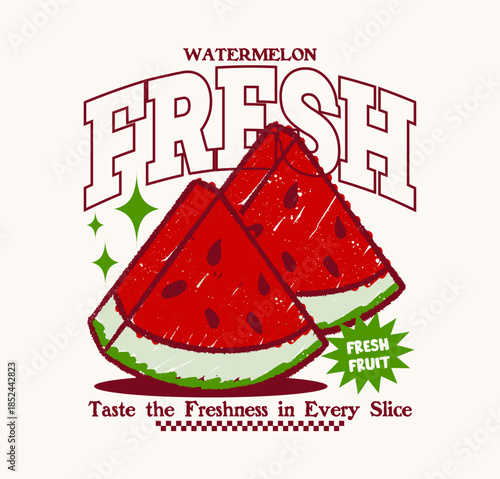 Hand drawn watermelon slice illustration in a vintage retro style. Perfect for T-shirt design, poster, sticker, and summer-themed artwork