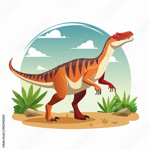 Cartoon dinosaur illustration standing with a background of sky and plants