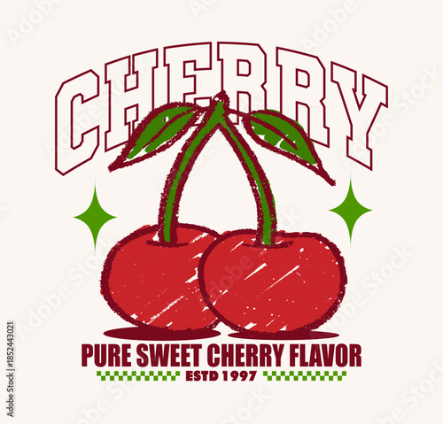 Hand drawn cherry illustration in a vintage retro style. Perfect for T-shirt design, poster, sticker, and food-themed artwork