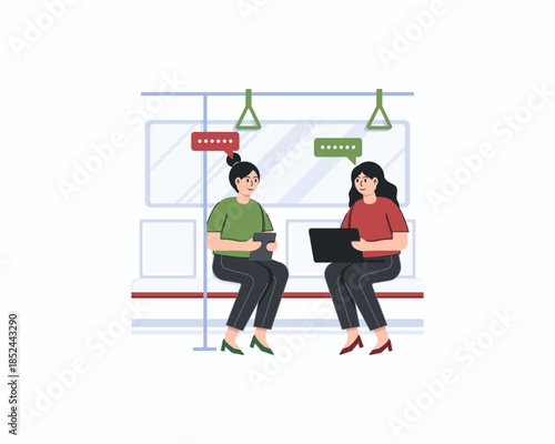 women in red and green are working from anywhere and on the train