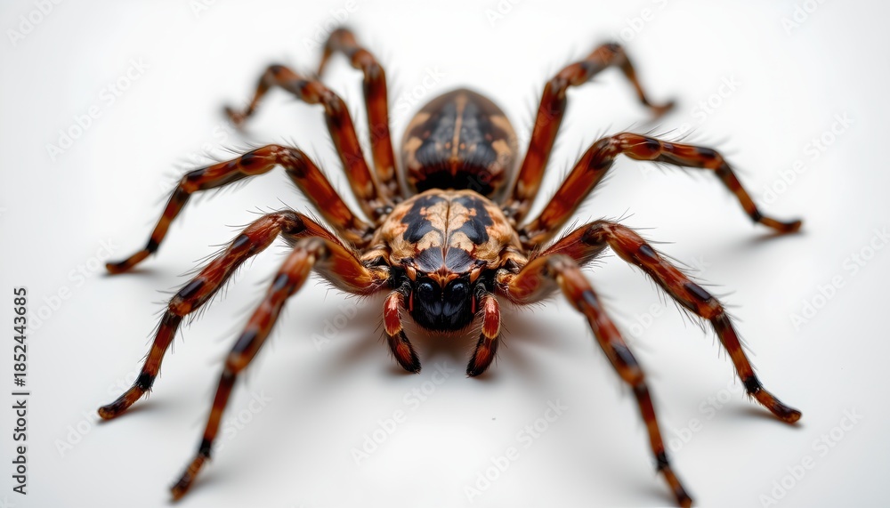 Fototapeta premium A large orb weaver spider with distinctly patterned legs in a close up view.