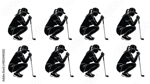 Female golfer silhouette contemplating a putt on the green