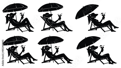 Woman relaxing in beach chair under umbrella with cocktail