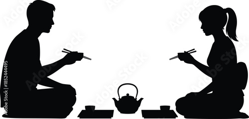Silhouette of man and woman drinking tea together, traditional Japanese tea ceremony concept, peaceful conversation, cultural lifestyle, minimal black white illustration, isolated background