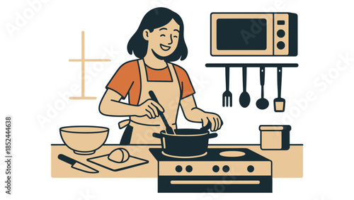 Joyful person happily cooking a meal in a clean, modern kitchen.