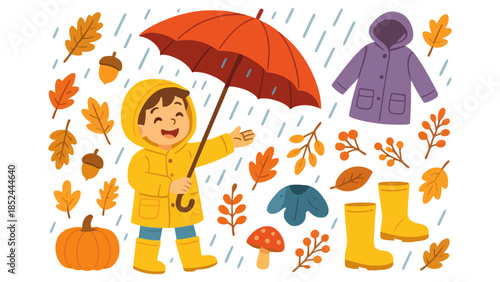 Joyful child in yellow raincoat with umbrella enjoys rainy autumn day surrounded by fall leaves and festive elements