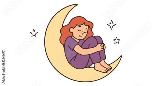 Peaceful young girl sleeping soundly on a crescent moon under starry night sky