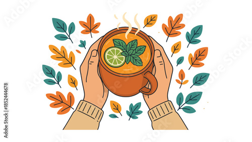 Cozy hands holding a warm cup of tea surrounded by vibrant autumn leaves