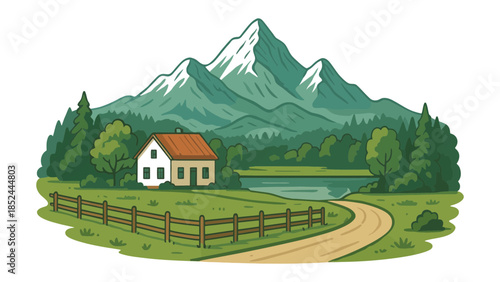 Cozy countryside home nestled beside a serene lake with majestic mountains in the background.