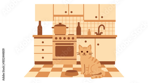 Cute tabby cat sits patiently by an empty food bowl in a cozy kitchen setting.