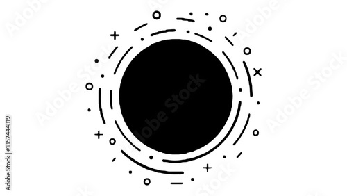 Energetic burst of abstract festive shapes and lines around a dark circle