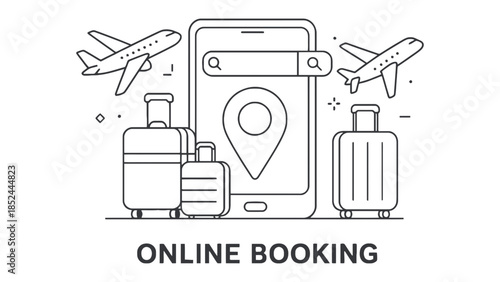 Planning a dream vacation with online travel booking on a smartphone, surrounded by suitcases and airplanes.