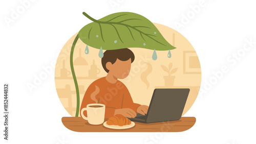 Creative person working remotely under a leaf umbrella, with coffee and breakfast.