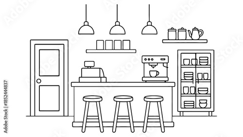 Clean and simple line art illustration of a modern cafe counter with stools and coffee machine