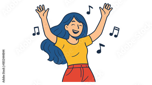 Joyful woman dancing and singing with music notes surrounding her