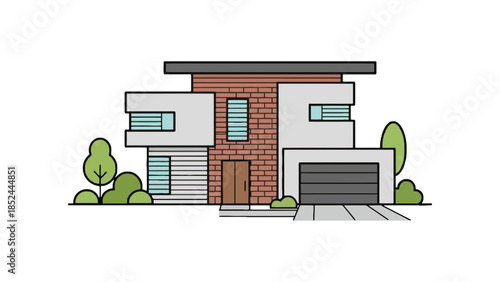 Modern architectural house with clean lines and minimalist design, featuring a garage and greenery.