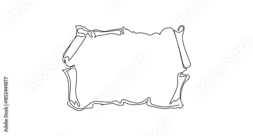 Papyrus old paper one line drawing continuous hand drawn vector illustration,A black and white line drawing of a torn paper border,Continuous Line Drawing of an Old Scroll Frame